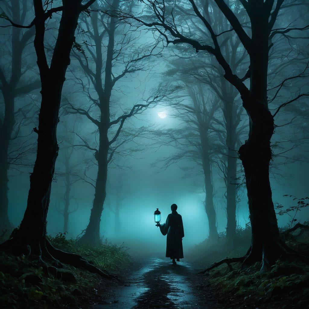 A mysterious forest shrouded in mist, illuminated by ghostly orbs of light. Shadowy silhouettes of twisted trees and hidden creatures peek through the fog. A lone figure, cloaked in dark attire, holds a flickering lantern, symbolizing the quest for knowledge in the dark. Ethereal colors contrast with deep blacks and muted grays, enhancing the eerie atmosphere. surreal art style. vibrant shades of blue and green.