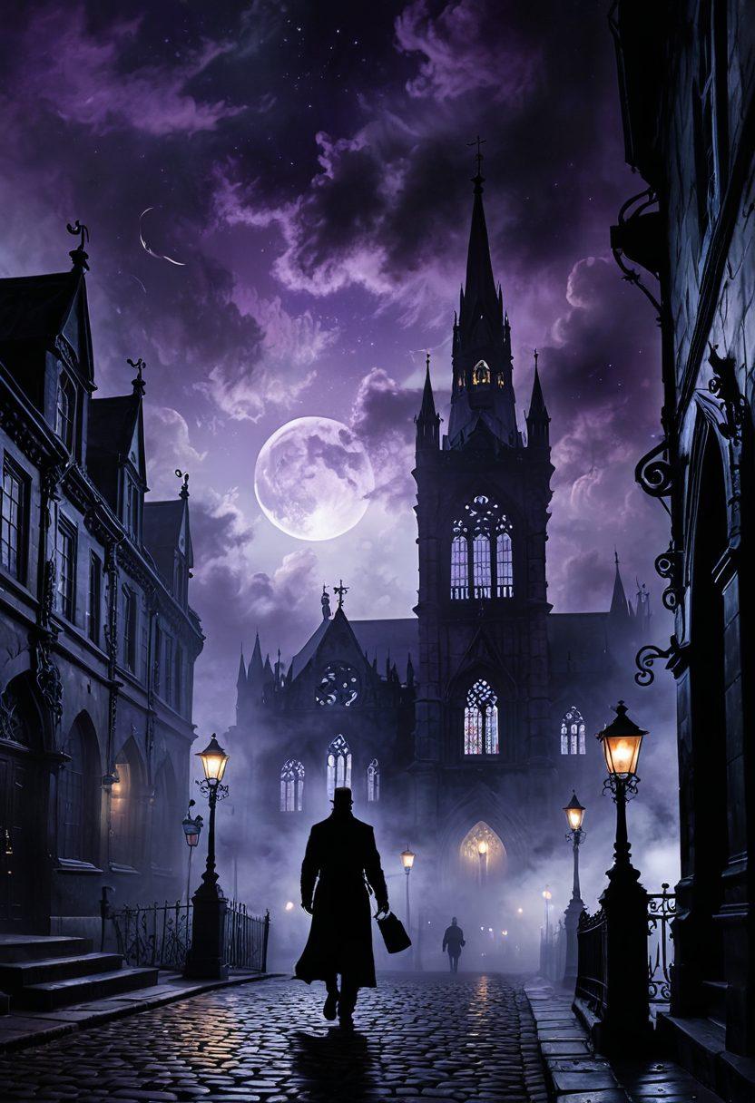 A shadowy landscape filled with gothic architecture, featuring towering cathedrals, intricate gargoyles, and fog-draped streets. Include a mysterious figure in dark attire walking with a lantern, casting flickering light on the damp cobblestones. The sky is a stormy mix of deep purples and blacks, with a crescent moon partially hidden by clouds. Emphasize the interplay between light and darkness to evoke a sense of wonder and eeriness. surreal painting. dark tones. atmospheric.