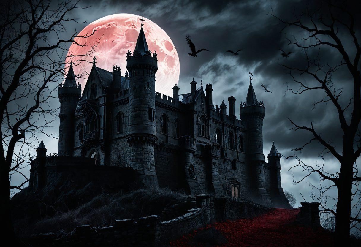 A dimly lit gothic castle set against a stormy night sky, with twisted silhouettes of crows in flight. Mysterious shadows creep along ancient stone walls, while ghostly figures lurk in the foreground, symbolizing forbidden themes. A blood-red moon casts an eerie glow on the scene, emphasizing the macabre atmosphere. Intricate vines entwine the architecture, hinting at nature reclaiming the darkness. surrealism. dark colors. dramatic lighting.